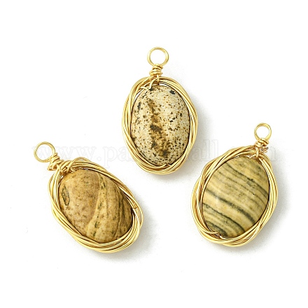Natural Picture Jasper Copper Wire Wrapped Pendants PALLOY-JF02500-03-1