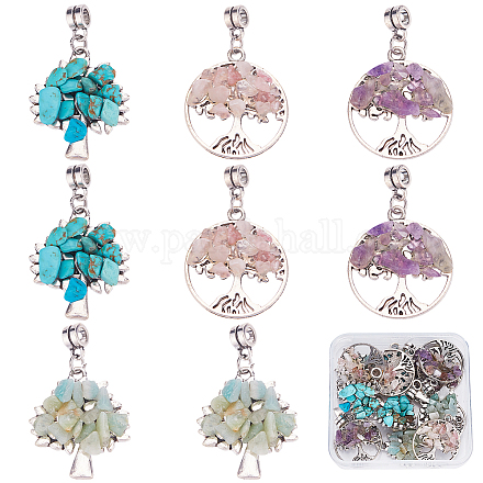SUNNYCLUE 1 Box 16Pcs 4 Styles Tree of Life Crystal Charm Silver Flat Round Plant Tree Charms Bulk Amazonite Amethyst Rose Quartz Turquoise Chips Natural Gemstones for Jewellery Making Charms DIY FIND-SC0003-21-1