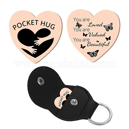 CREATCABIN Heart Pocket Hug Token Butterfly Long Distance Relationship Keepsake Keychain Stainless Steel Double Sided with Leather Keychain Gift for Family Friends Daughter Women Rose Gold 1Inch AJEW-CN0001-68H-1