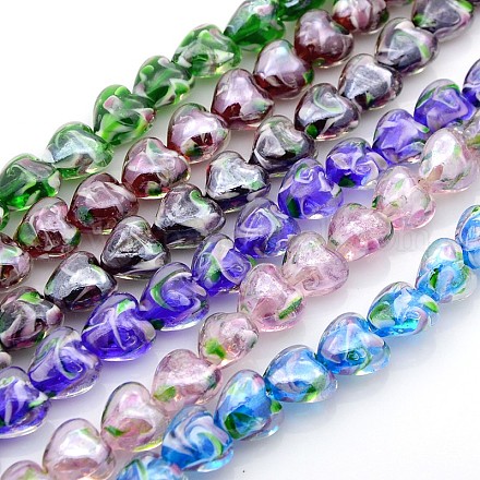 Pearlized Handmade Inner Flower Lampwork Heart Beads Strands LAMP-L024-02-1