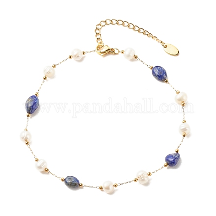 Natural Lapis Lazuli & Pearl Beaded Anklet AJEW-AN00500-05-1