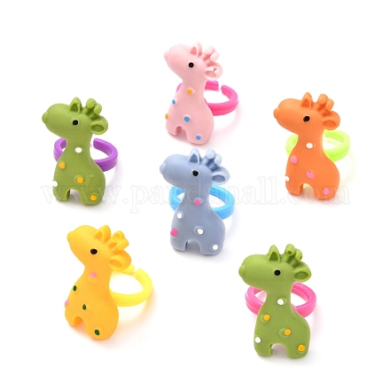 Anneaux réglables en résine girafe pour enfants RJEW-JR00391-1