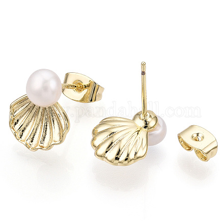 Brass Shell Shape & Natural Pearl Stud Earrings PEAR-N020-05H-1