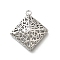 Brass Pendants, Rhombus, Hollow, Real Platinum Plated, 36x32x10mm, Hole: 2mm