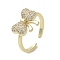 Brass Micro Pave Cubic Zirconia Open Cuff Ring, Bowknot, Real 16K Gold Plated, Inner Diameter: 18mm