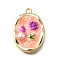 Alloy Enamel Pendants, with ABS Imitation Pearl, Oval with Flower, Rack Plating, Long-Lasting Plated, Lead Free & Cadmium Free & Nickel Free, Golden, Light Salmon, 25.5x18x6mm, Hole: 1.8mm