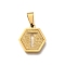304 Stainless Steel Charms, Real 18K Gold Plated, Hexagon with Letter Charm, Letter T, 15x14x1.5mm, Hole: 3x5.5mm