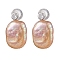 Natural Pearl Ear Studs, with Sterling Silver Micro Pave Clear Cubic Zirconia Findings, Oval, PeachPuff, Platinum, 17x10mm