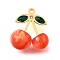 304 Stainless Steel Acrylic Pendants, Cherry Charms, with Rhinestone, PVD Vacuum Plating, Orange Red, 23.5x21.5x12mm, Hole: 1.8mm