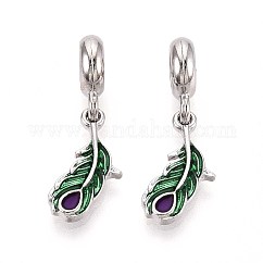Ciondoli europei pendenti in lega smaltata a cremagliera, Ciondoli di grandi dimensioni, cadmio & nichel &piombo libero, pelle, platino, verde, 27.5mm, Foro: 5 mm, Piuma: 17x8x2mm