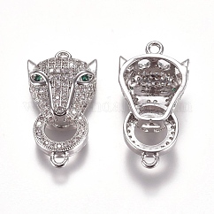 Connecteurs de liaisons en zircone cubique micro pavé en laiton, tête de léopard, clair, platine, 29x14.6x6.5mm, Trou: 1.6mm