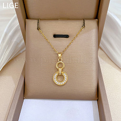 Collar con colgante de circonita cúbica transparente y micropavé de acero inoxidable 304 con anillos dobles&nbsp;FS-WG3DD11-01