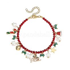 Braccialetti con perline bicone sfaccettate in vetro k9 e ciondolo a forma di cappello di Natale in smalto e lega di agrifoglio.&nbsp;BJEW-TA00764