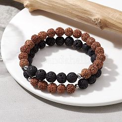 Braccialetto elasticizzato con perline rotonde in legno e pietra lavica naturale&nbsp;BJEW-JB10075-03