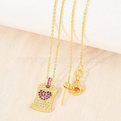 Collana regolabile con ciondolo rettangolare a forma di cuore in ottone con micro pavé di zirconi cubici e cursore&nbsp;KK-CBA4547-08G-05
