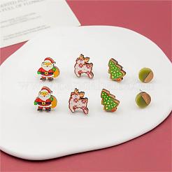 4 paire de boucles d'oreilles en bois imprimé père Noël&nbsp;EJEW-OY001-05