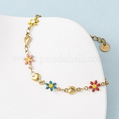 Bracciali a maglie in acciaio inossidabile 304 con fiori e cuori per donna&nbsp;BJEW-F524-06A-G
