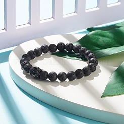 Bracelet extensible perlé rond en pierre de lave naturelle avec couronne de zircone cubique transparente&nbsp;BJEW-JB07797-03