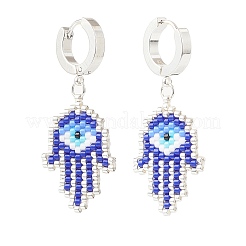 Main hamsa tressée en graines de verre avec boucles d'oreilles créoles pendantes mauvais œil&nbsp;EJEW-MZ00008