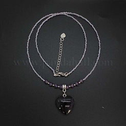 Colliers de perles pour femmes avec pendentif cœur en pierre précieuse naturelle et perles de verre colorées&nbsp;VA8487-1