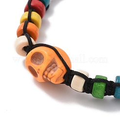 Synthetisches türkisfarbenes Totenkopf- und Holzscheiben-Armband aus geflochtenen Perlen für Halloween&nbsp;BJEW-TA00260