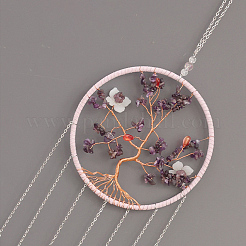 Messingdraht umwickelt natürliche Amethyst Chips Baum des Lebens Anhänger Dekorationen&nbsp;HJEW-D302-01