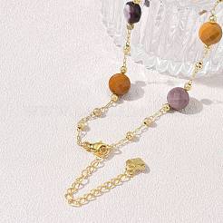 Colliers à maillons plats ronds en agate folle naturelle facettée avec perles en laiton mat&nbsp;GG-CBA37F5-01G-09
