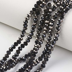 Electroplate Opaque Glass Beads Strands, Half Black Plated, Faceted, Rondelle, Black, 4x3mm, Hole: 0.4mm, about 123~127pcs/strand, 16.5~16.9 inch(42~43cm)