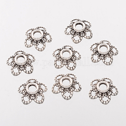 Antichi in lega tono caps fiore tallone d'argento, tappi di perline fantasia, 5 -petal, piombo & cadimo libero, circa11.2 mm di diametro, foro : about 2mm