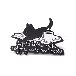 Mot la vie est meilleure avec un chat de café et des livres épingle en émail, insigne en alliage de la fête des enseignants pour les vêtements de sac à dos, électrophorèse noir, blanc, 24x35x1.5mm, pin: 1 mm