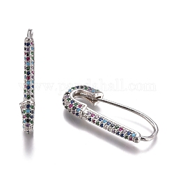 Pendientes de aro de latón, con diamante de imitación, forma de pasador de seguridad, Platino, colorido, 26~26.5x10~11x3mm, pin: 0.8 mm