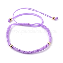 Adjustable Nylon Cord Braided Beaded Bracelets, with Round Brass Beads, Golden, Lilac, Inner Diameter: 4.2~9.5cm(1-5/8~3-3/4 inch)