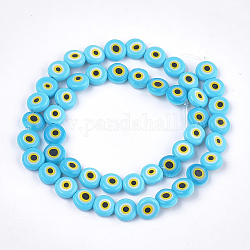 Chapelets de perles vernissées manuelles, plat rond, bleu ciel, 7.5x3mm, Trou: 1mm, Environ 48 pcs/chapelet, 13.7 pouce ~ 14.9 pouces