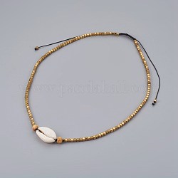 Collares moldeados de hematita no magnética electroplate ajustable, Con cáscara de vaquilla y cuentas de madera., Cuerda de nylon, oro, 17.7~25.6 pulgada (45~65 cm)