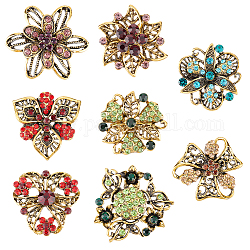 PandaHall Elite 8Pcs 8 Style Rhinestone Flower Safety Pin Brooch, Antique Golden Plated Alloy Badge for Backpack Clothes, Mixed Color, 30~37x30.5~38x8~13mm, Pin: 0.6mm, 1pcs/style