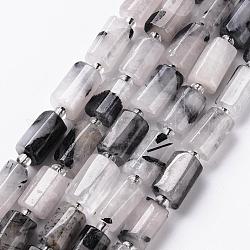 Naturale nero rutilato perle di quarzo fili, sfaccettato, colonna, 8~11x6~8x5~7mm, Foro: 1 mm, circa 15~17pcs/filo, 7.28~7.48 pollice