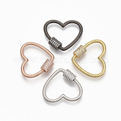 Laiton micro pave clair zircone cubique vis mousqueton charmes de verrouillage, pour la fabrication de colliers, cœur, couleur mixte, 20.5x24x2mm, vis: 7x5.5 mm