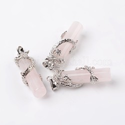 Tubes rose naturel pendentifs en quartz, avec les accessoires en laiton de dragon, platine, 48x15x10mm, Trou: 7x5mm