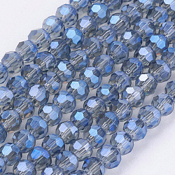 FilI di perline in vetro placcato, sfaccettato (32 sfaccettatura) rotondo, blu, 3mm, Foro: 1 mm, circa 100pcs/filo, 11.5 pollice