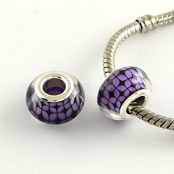 Large Hole Grid Pattern Acrylic European Beads, with Platinum Tone Brass Double Cores, Rondelle, Medium Purple, 14x9mm, Hole: 5mm