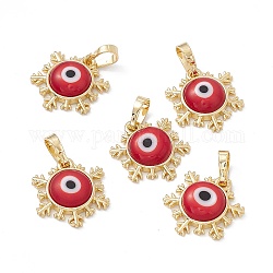 Handmade Evil Eye Lampwork Pendants, with Rack Plating Real 18K Gold Plated Brass Findings, Long-Lasting Plated, Snowflake Charm, FireBrick, 15x14x4mm, Hole: 4x6.5mm