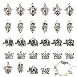 CHGCRAFT 64Pcs 4 Styles Tibetan Animal Flower Alloy Charms Natural Mixed Stone Pendants Tibetan Owl Charms for Jewelry Crafts Making, Antique Silver 14mm to 23mm
