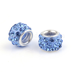 Perles européen avec strass en argile polymère, Perles avec un grand trou   , rondelle, avec noyaux en laiton plaqué couleur argent, saphir clair, 10~12x7~8mm, Trou: 5mm