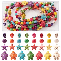 4 Strands 4 Styles Dyed Synthetic Turquoise Beads Strands, Skull & Starfish & Turtle & Round, Mixed Shapes, Colorful, 8~18.5x6~15x5~8mm, Hole: 1~1.5mm, 1 strand/style