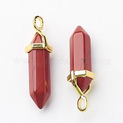 Pendentifs pointus en jaspe rouge naturel à double terminaison, avec pendentif en alliage aléatoire, or, balle, 37~40x12.5x10mm, Trou: 3x4.5mm