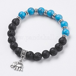 Natural Lava Rock Beads Charm Bracelets, with Synthetic Turquoise and Alloy Findings, Elephant, Antique Silver, 2 inch(5cm), Findings: 11.5x13.5x3mm