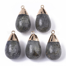 Top Golden Plated Natural Labradorite Pendants, with Iron Loop, Teardrop, 28~29.5x16mm, Hole: 1.6mm