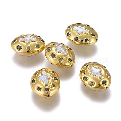 Culture des perles perles d'eau douce naturelles, avec chrysoprase naturelle et bordure en laiton doré, ovale avec croix, 26.5x20x12.5mm, Trou: 1mm