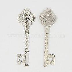 Supports clés pendentif en strass de style tibétain, sans plomb et sans cadmium et sans nickel, couleur argent antique, 68x20.5x3mm, Trou: 1mm