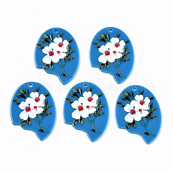 Acryl-Anhänger, 3d gedruckt, Spalt oval mit Blume, Verdeck blau, 43x31.5x2.5 mm, Bohrung: 2 mm